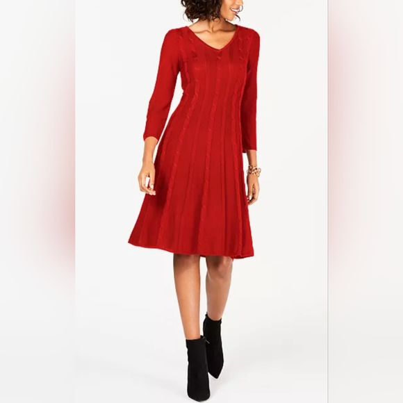 Nine West, Red, Cable-Knit, Fit & Flare, Sweater Dress, Size Large, NWOT - Picture 6 of 15